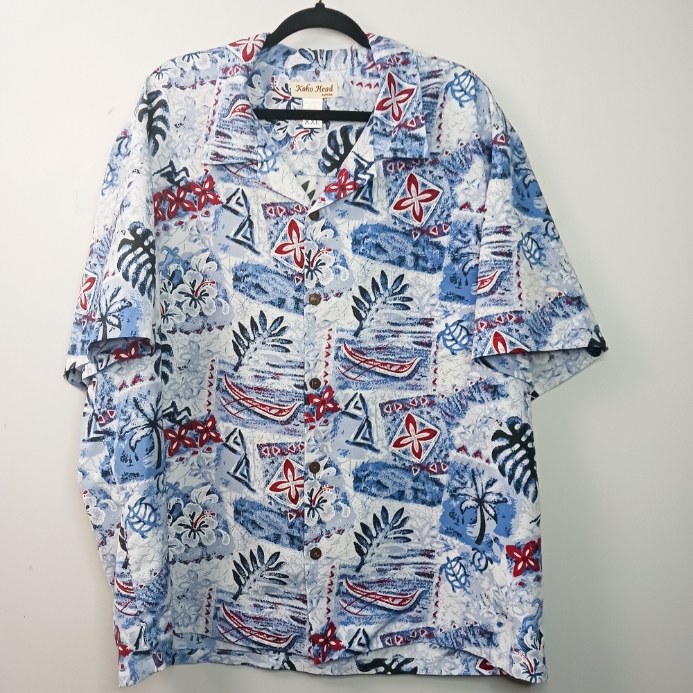 Hawaiian Button Down Shirt Men XXL Blue Floral Short Sleeve Tropical Vacation